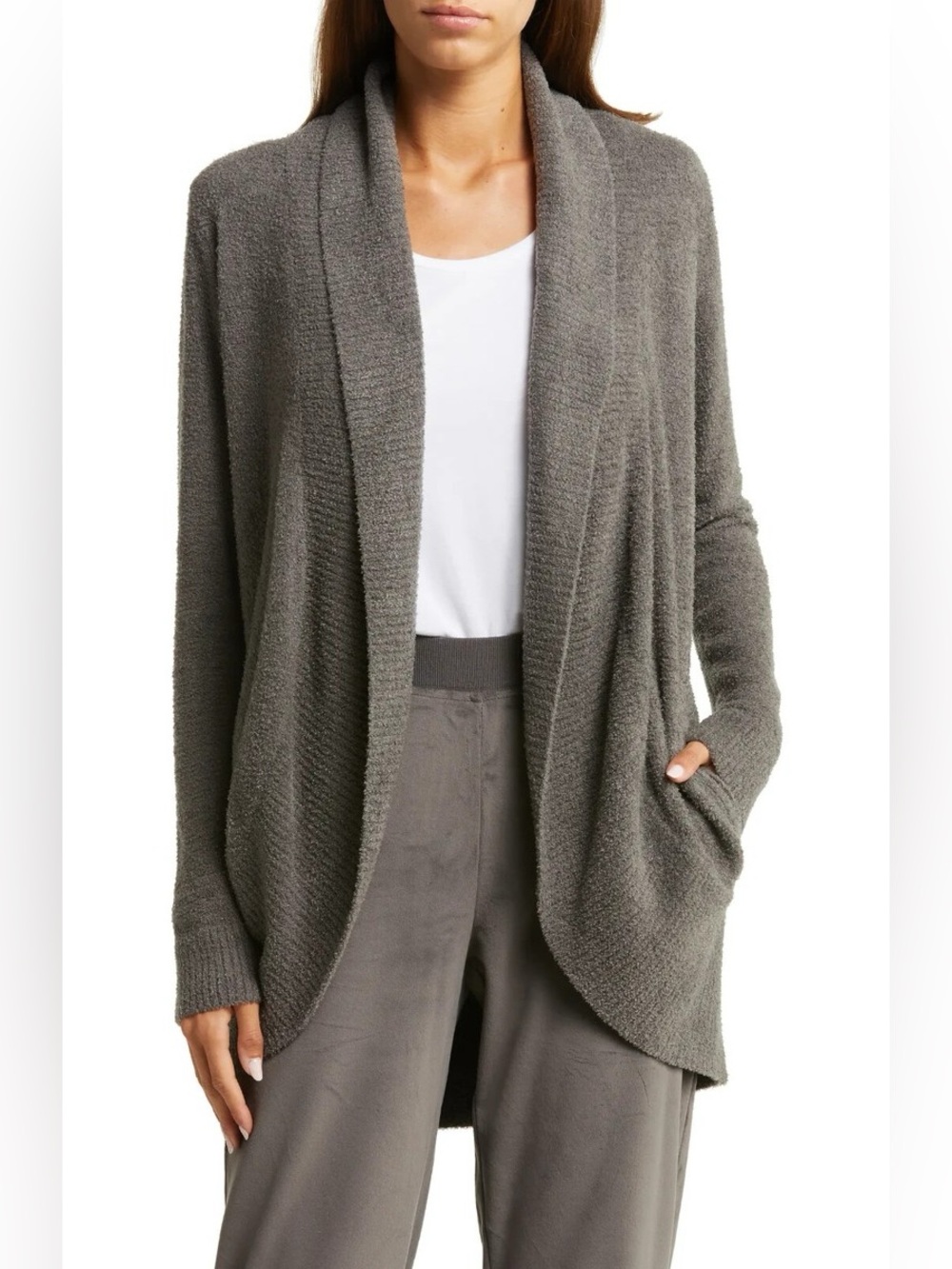 Barefoot Dreams CozyChic Lite Circle Cardigan Gray Open Front Large
